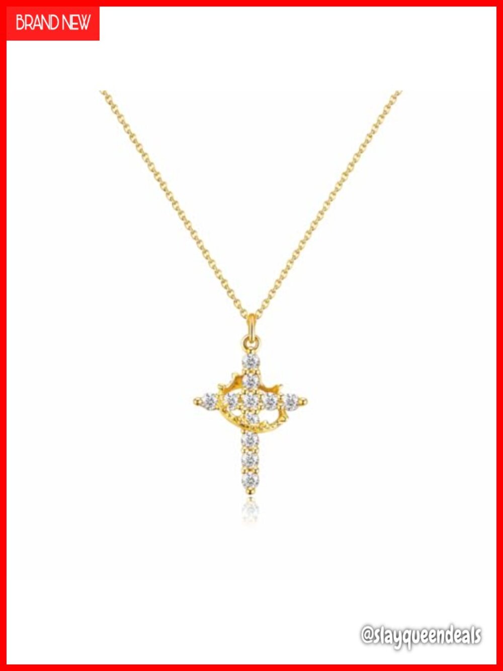 14K Gold Cross Necklace Women Small Crown Crucifix Pendant Adjustable Chain